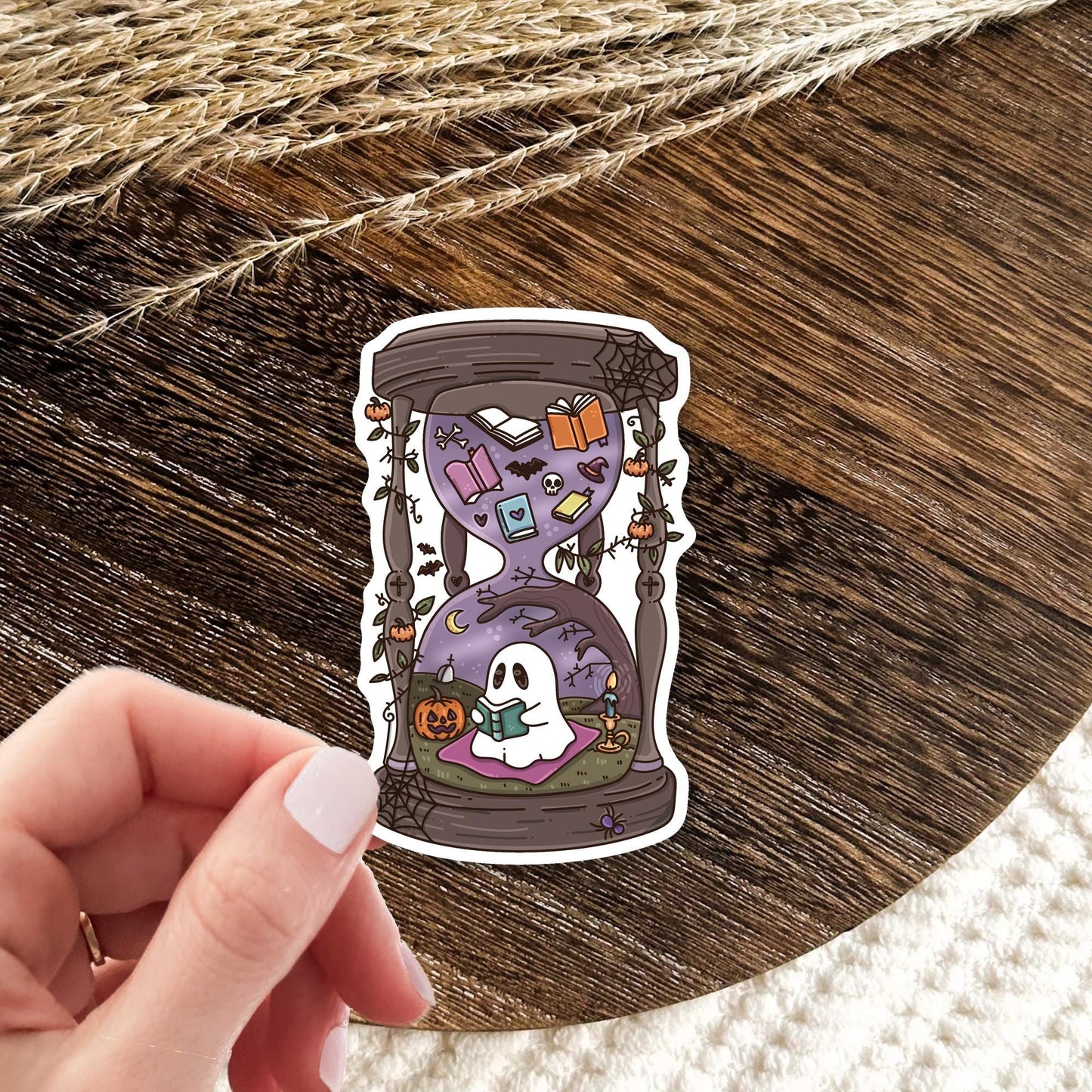 Halloween Hourglass Sticker / Spooky Time Decal / Gothic Witch Gift / October Vibes / Cute Bookish Present for Her / Dark Autumn Scene