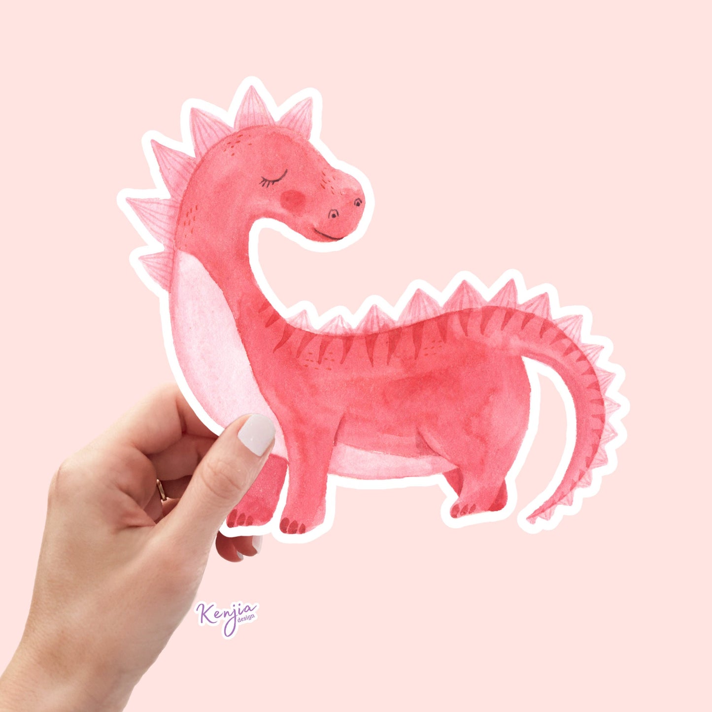 Cute Handmade Pink Dino Girl Sticker, watercolor effect, Waterproof and Dishwasher Safe Vinyl Sticker for gift, planner, book, laptop