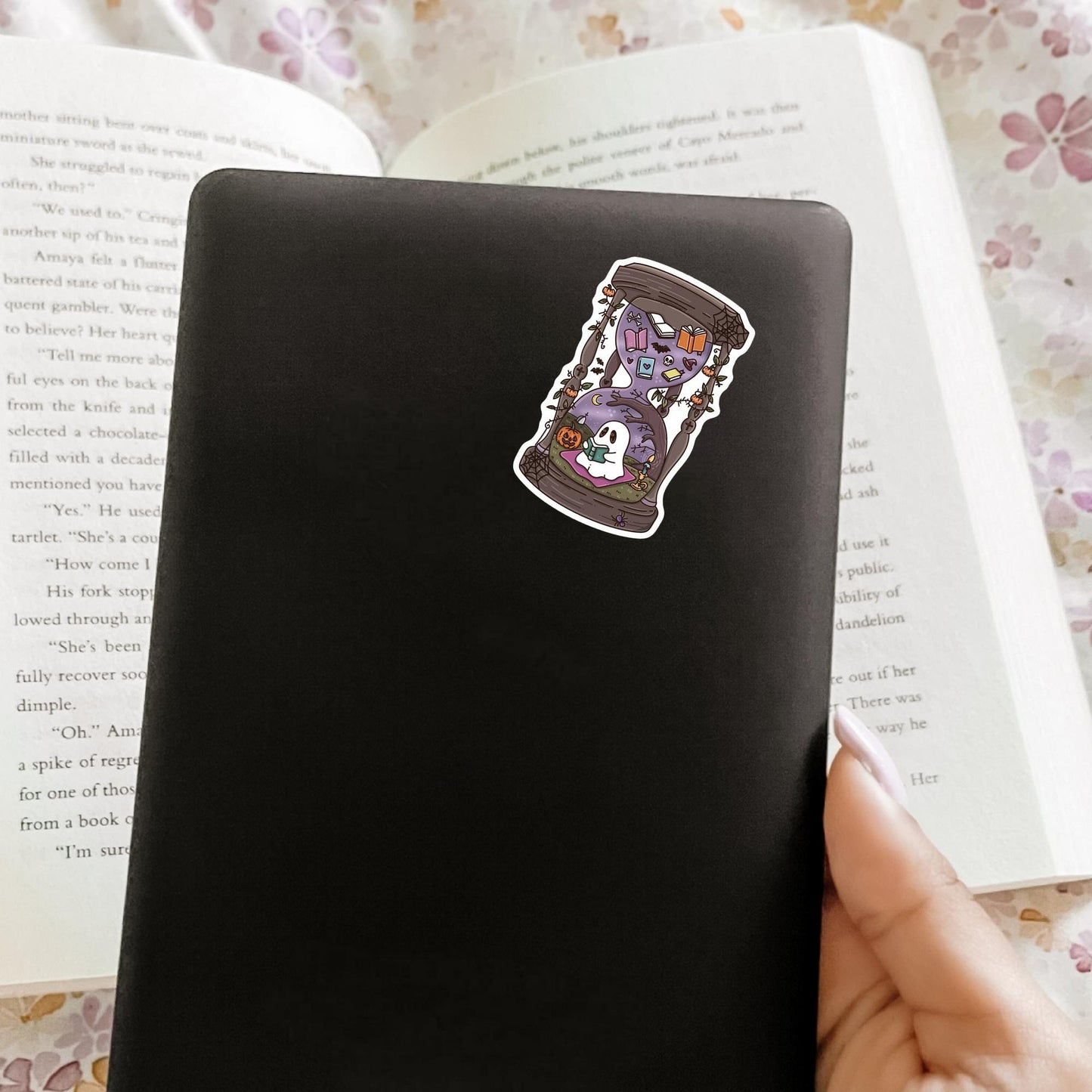Halloween Hourglass Sticker / Spooky Time Decal / Gothic Witch Gift / October Vibes / Cute Bookish Present for Her / Dark Autumn Scene