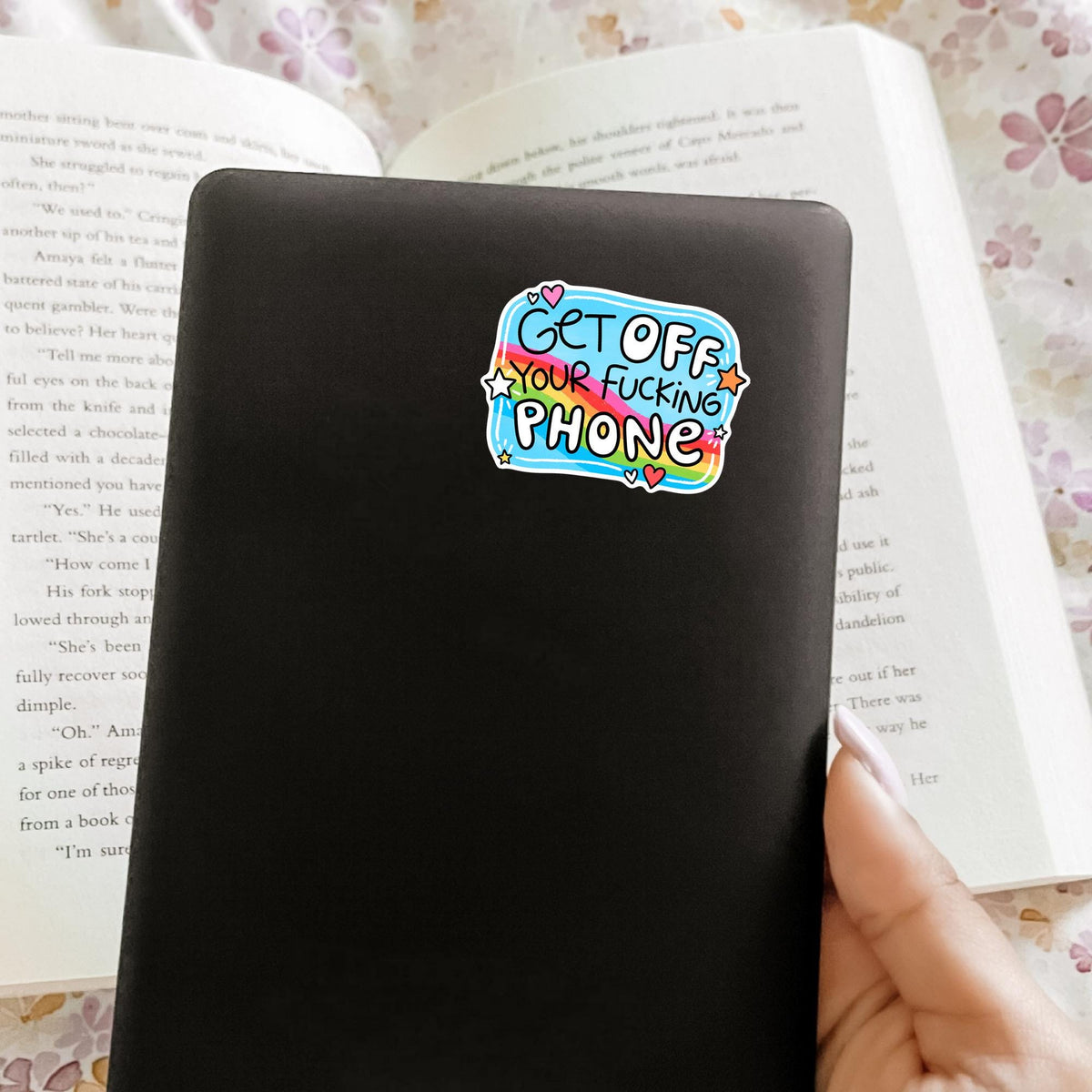 Snarky rainbow quote sticker on a black notebook cover, waterproof vinyl decal, coworker gag gift and office desk decor