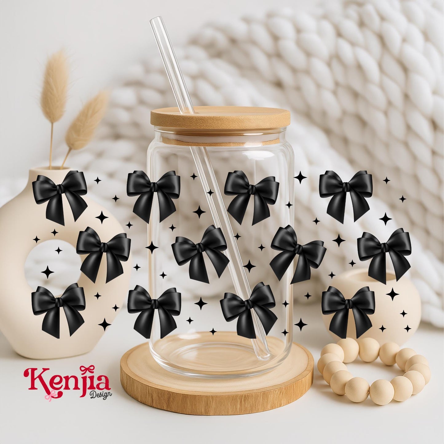 Black Bows 16 OZ Glass Can With Lid & Straw / Coquette Wrap / Water Bottle / Bookish Merch / UV Dtf Libbey Wrap Transfert