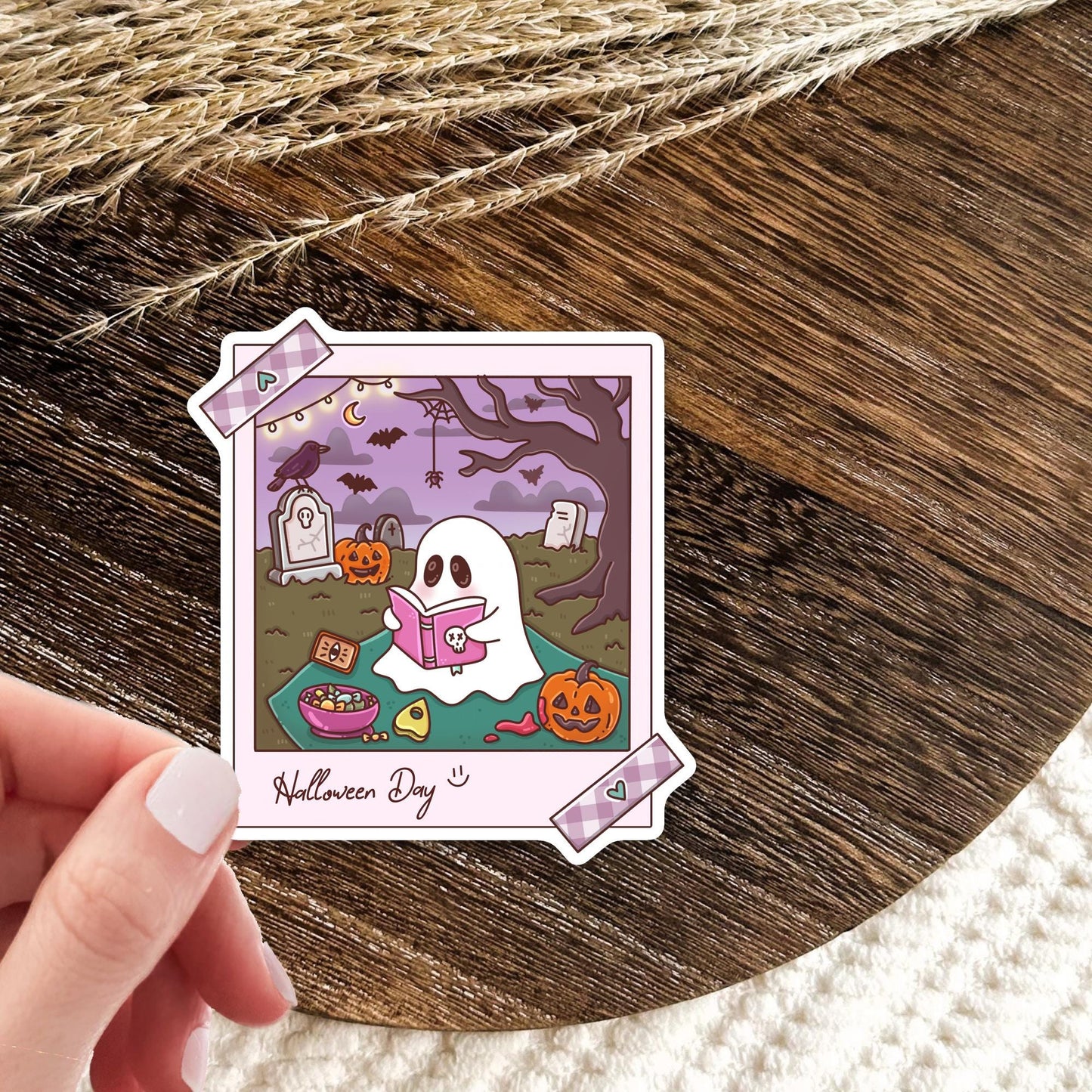 Halloween Day Sticker / Spooky October Decal / Autumn Witch Present / Fall Season Vibes / Cute Bookish Gift for Her / Ghostly Decor