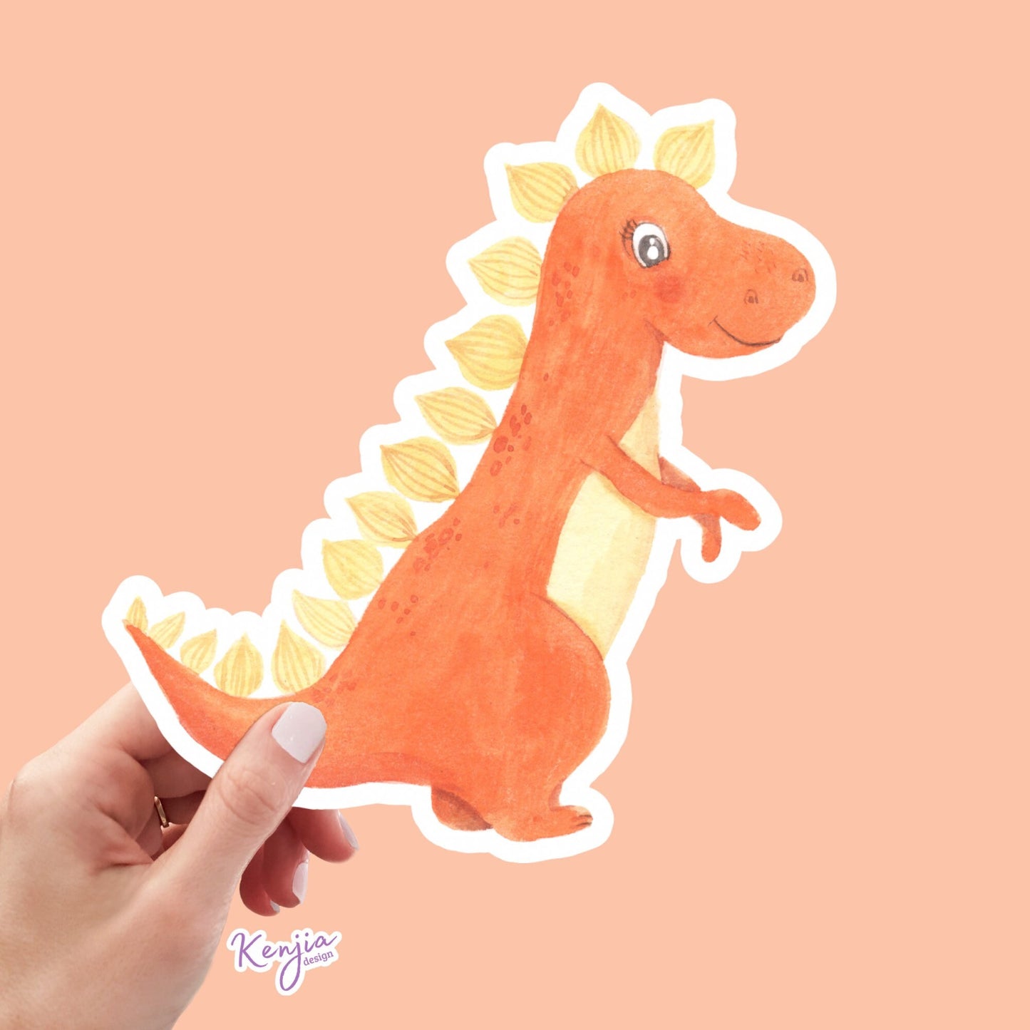 Cute Handmade Pink Dino Girl Sticker, watercolor effect, Waterproof and Dishwasher Safe Vinyl Sticker for gift, planner, book, laptop