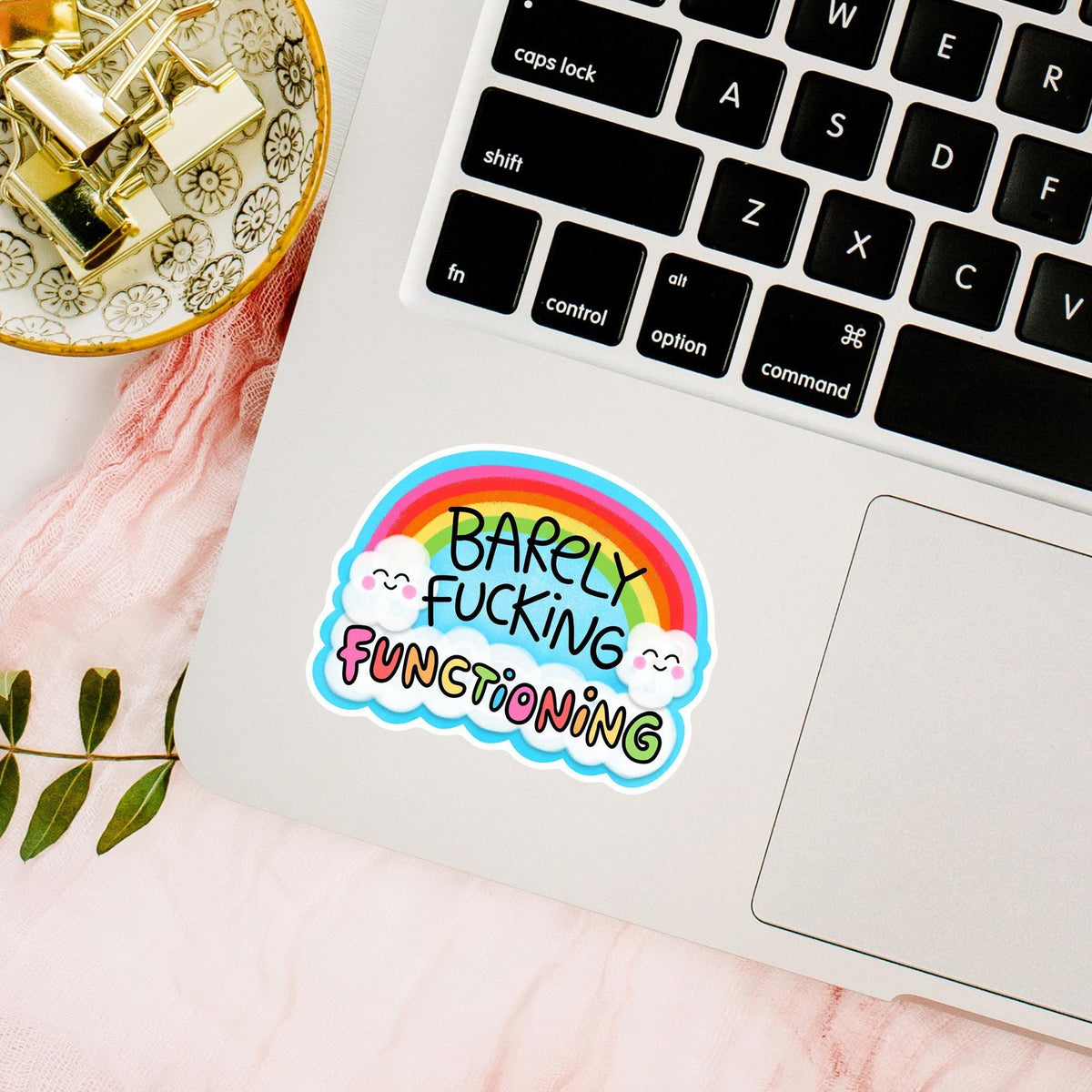 Barely Functioning Sticker / Funny Rainbow Gift / Sarcastic Quote Decal / Kawaii Cloud Art / Adulting Humor / Snarky Self Care Idea