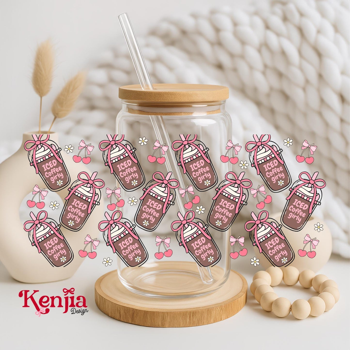 Iced Coffee Girly 16 OZ Glass Can With Lid & Straw / Coffee Lover Gift / Coffee Tumbler / UV Dtf Libbey Wrap Transfert