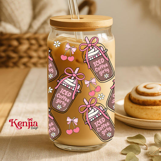 Iced Coffee Girly 16 OZ Glass Can With Lid & Straw / Coffee Lover Gift / Coffee Tumbler / UV Dtf Libbey Wrap Transfert