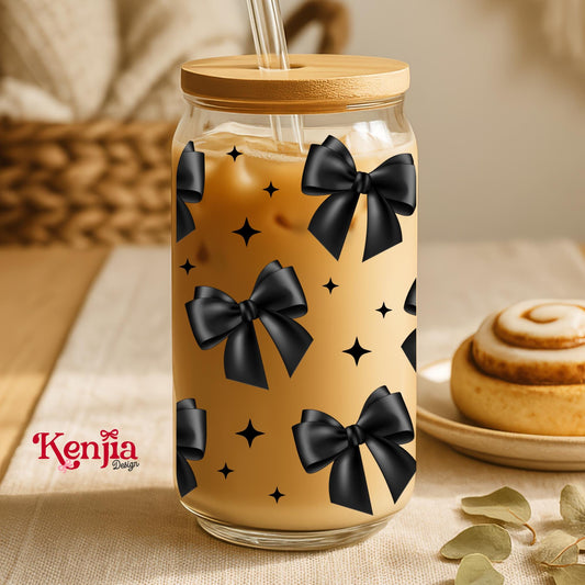 Black Bows 16 OZ Glass Can With Lid & Straw / Coquette Wrap / Water Bottle / Bookish Merch / UV Dtf Libbey Wrap Transfert