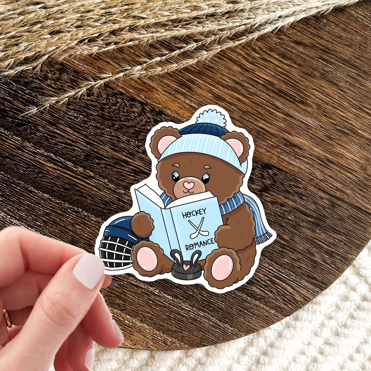 Hockey Romance Bear Sticker / Cute Bookish Gift / Animal Lover Decal / Sports Reader for Her / Waterproof Vinyl / Kawaii Cozy Fun Plushie