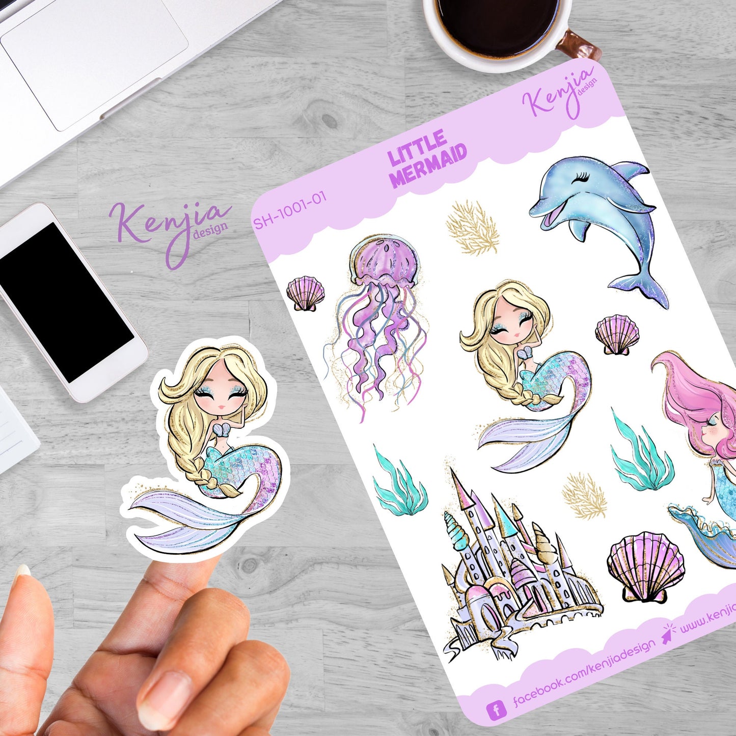 Beautiful Mermaid Sticker Sheet with Jellyfish Sea, Handmade cute Vinyl Sticker for gift, planner, book and laptop stickers