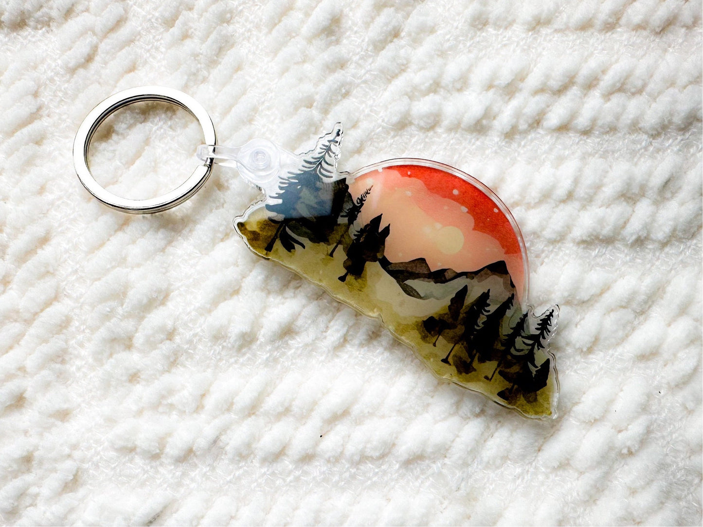 Cute Lanscape Mountains Acrylic Keychain Charm, watercolor effect, gift, Backpack Keychain, Funny Keychain, Car Keychain