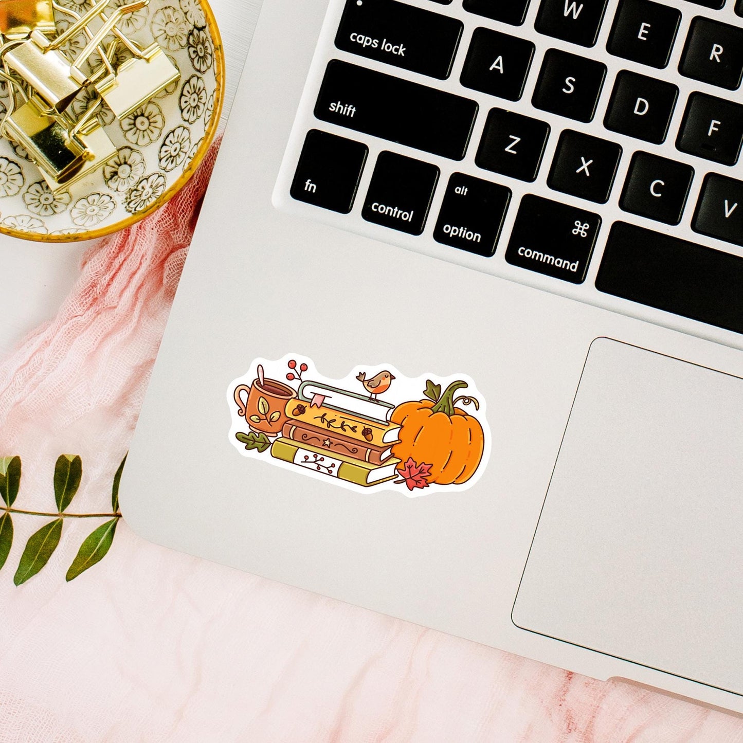 Bookish Autumn cute sticker mockup cozy setting, fall season vinyl decal for book lover planner or laptop decoration