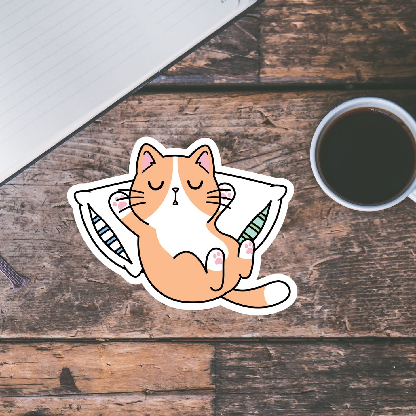Cute Kawaii Sleeping Cat Sticker, Waterproof and Dishwasher Safe Handmade cute Vinyl Sticker for gift, planner, book and laptop stickers