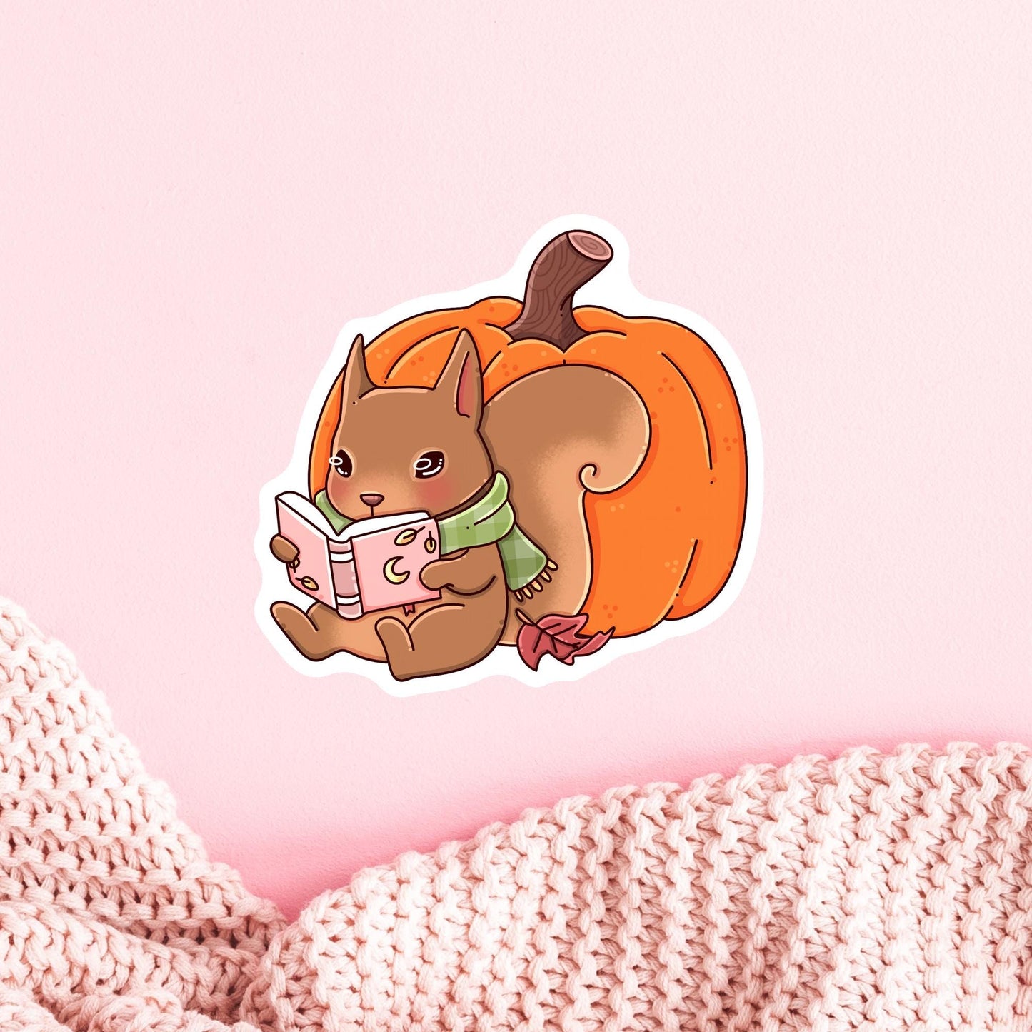 Cute Autumn Bookish sticker cozy mockup setting, autumn literary aesthetic vinyl decal perfect bookworm gift