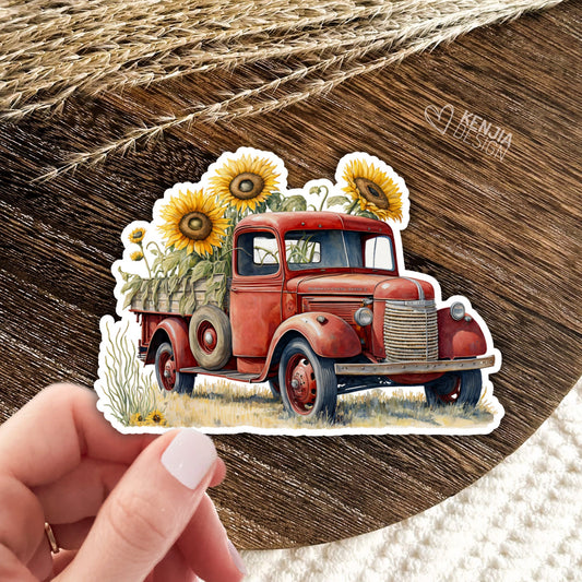 Sunflowers Vintage Red Truck Stickers  / Watercolor Sunflower Summer Stickers / Botanical Art / Floral Stickers / Kindle Stickers