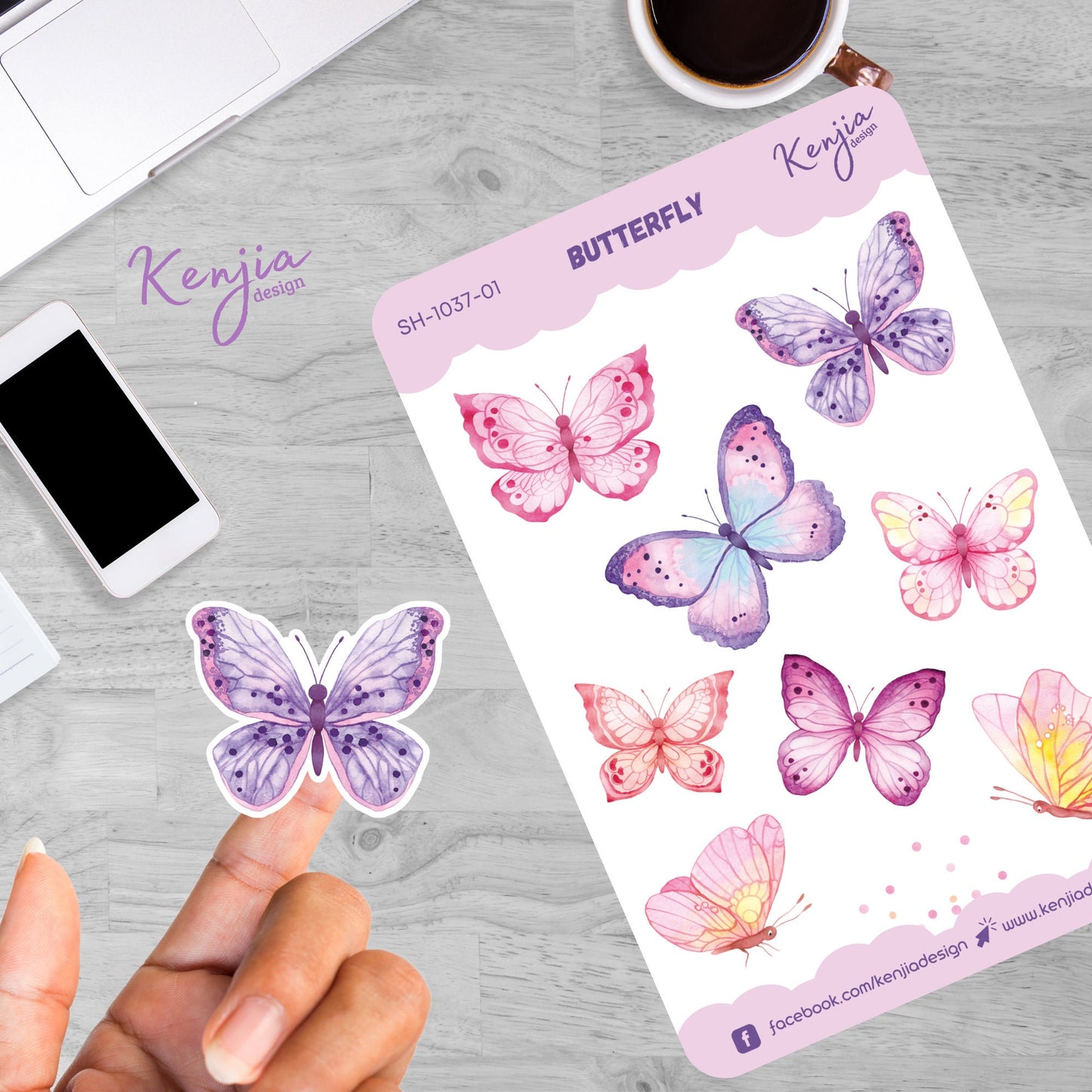Pink Watercolor Butterfly Stickers Sheet / Sticker Sheet, Handmade cute Vinyl Sticker for gift, planner, book and laptop stickers