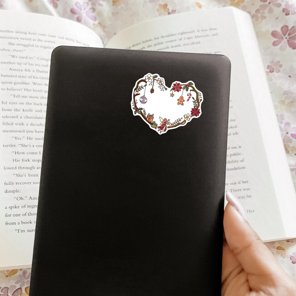 Festive Christmas Fairy Heart sticker on a black phone case, durable waterproof vinyl decal, small stocking stuffer idea for Christmas lovers