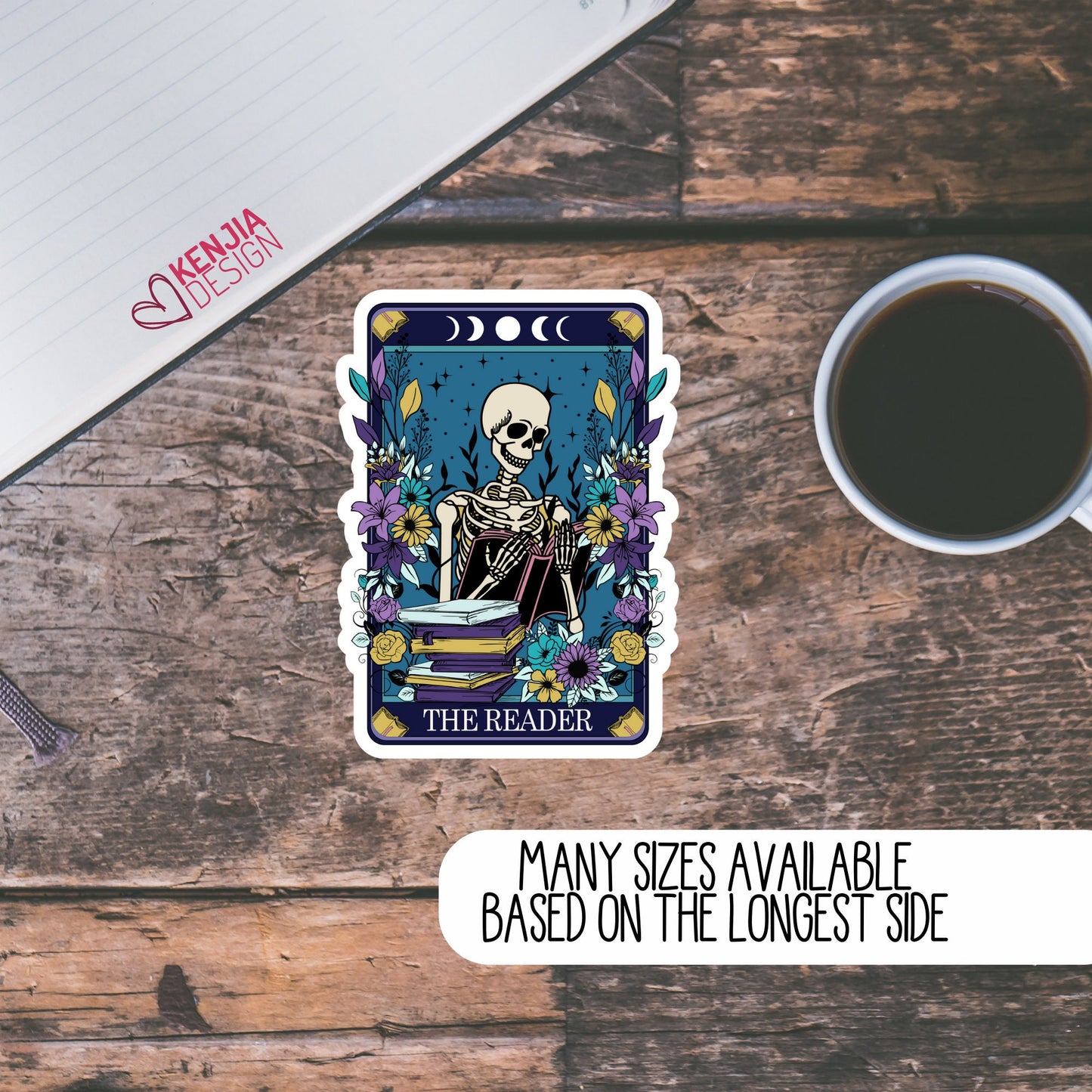 Funny Cute Skull Reading Book Stickers  Tarot Card | Waterproof Bookish Sticker, Planner Laptop Water Bottle Bumper Sticker