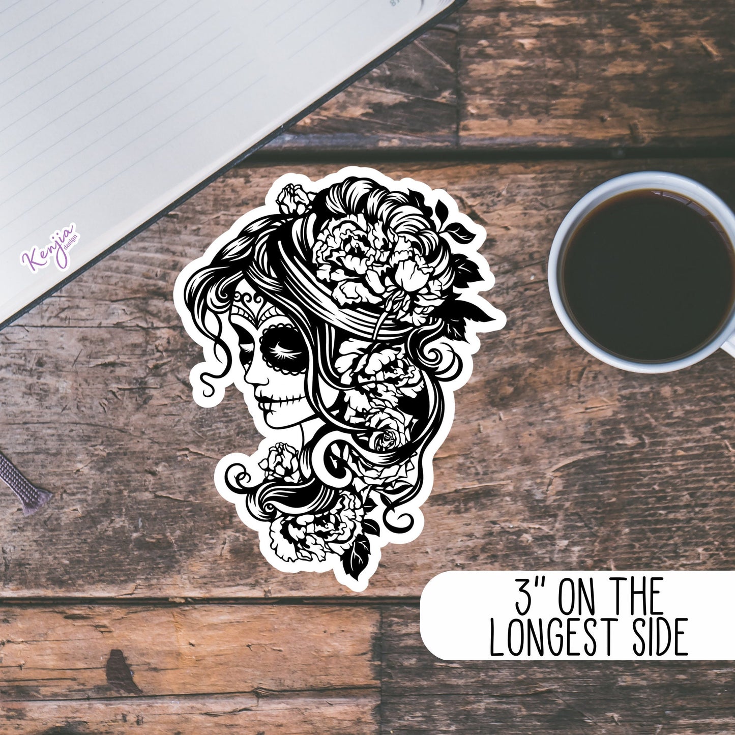 Steampunk Witch Goth Female Sugar Skull with flowers Sticker, Black and White Waterproof Dishwasher Safe Handmade Vinyl Sticker