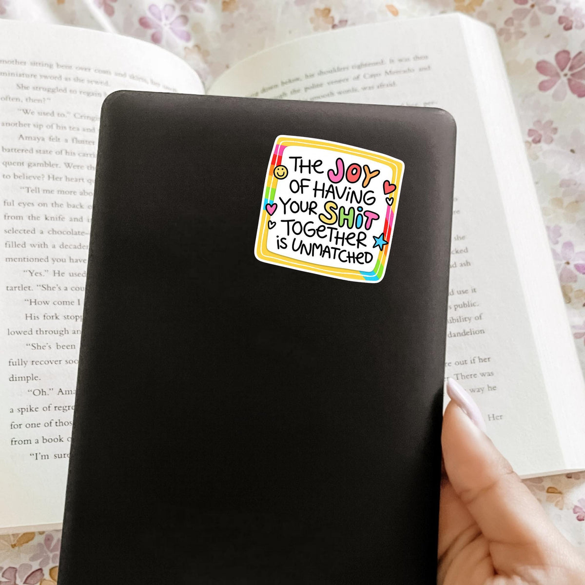 Relatable rainbow quote sticker on a black notebook cover, waterproof vinyl decal, coworker gag gift and office desk decor