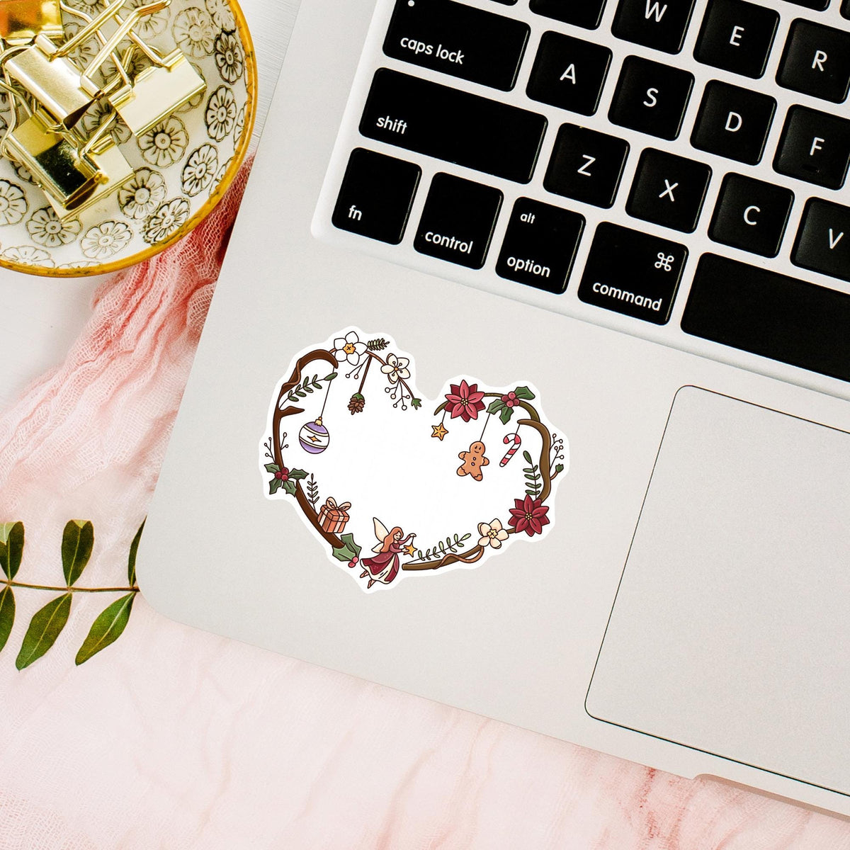 Christmas Fairy Heart vinyl sticker on a laptop keyboard, cute waterproof holiday laptop decal for Christmas lovers and winter aesthetic fans