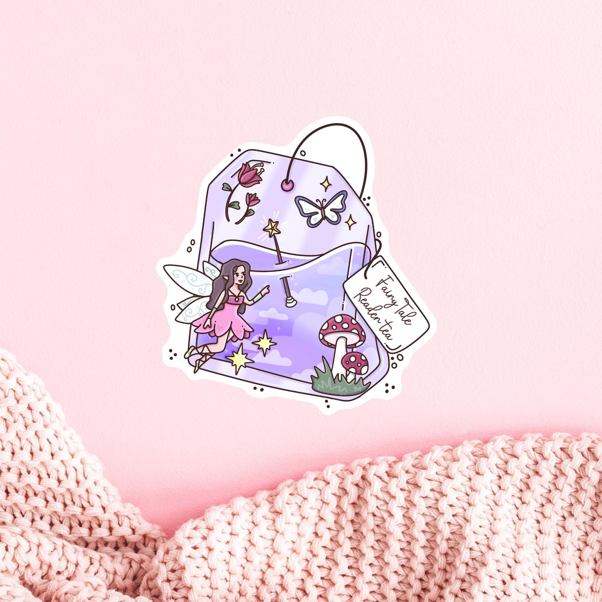 Purple bookish tea sticker on a laptop, cute waterproof die-cut sticker for readers who love fairy tale stories