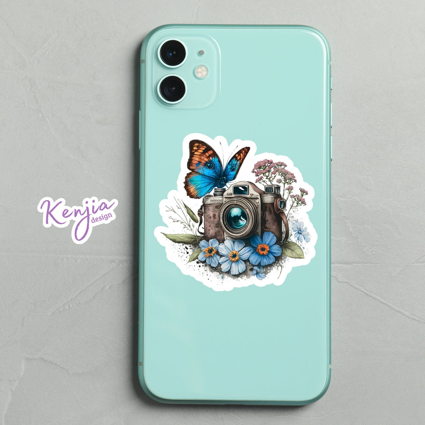 Floral Camera with Butterfly Watercolor Sticker and Magnet, Waterproof Handmade cute Vinyl Stickers for gift, planner, book, laptop