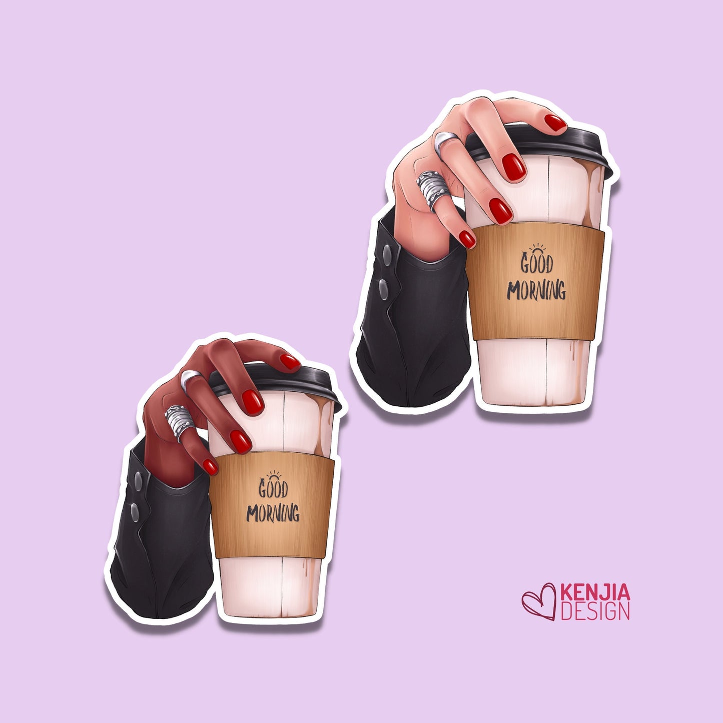 Funny Cute Good Morning Coffee Stickers  | Dark and Fair Skin Tone Waterproof Sticker, Planner Laptop Water Bottle Bumper Sticker