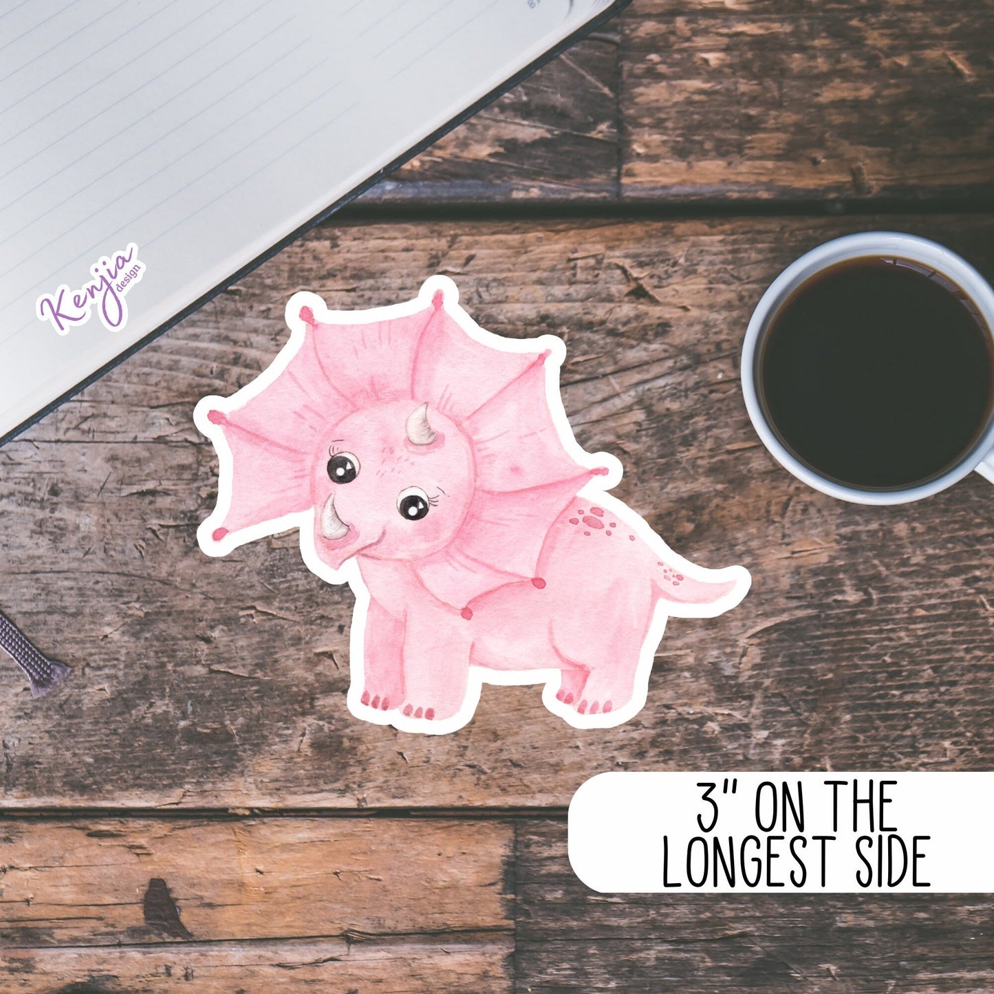 Cute Handmade Pink Dino Girl Sticker, watercolor effect, Waterproof and Dishwasher Safe Vinyl Sticker for gift, planner, book, laptop