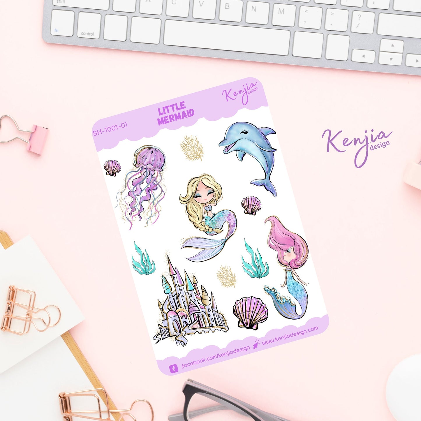 Beautiful Mermaid Sticker Sheet with Jellyfish Sea, Handmade cute Vinyl Sticker for gift, planner, book and laptop stickers