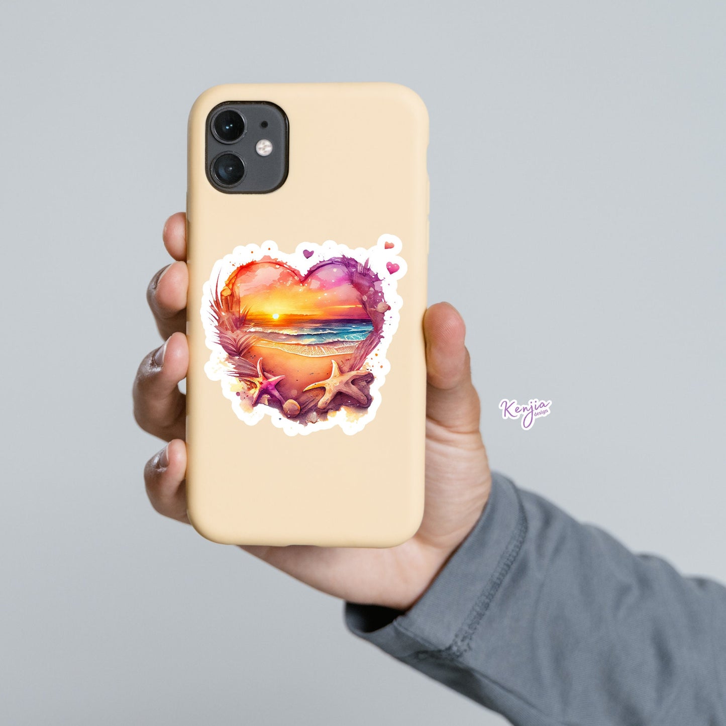 Sunset at the Beach in Heart with Watercolor Effect, for gift, Waterproof Dishwasher Safe Vinyl stickers for planner, book , laptop stickers