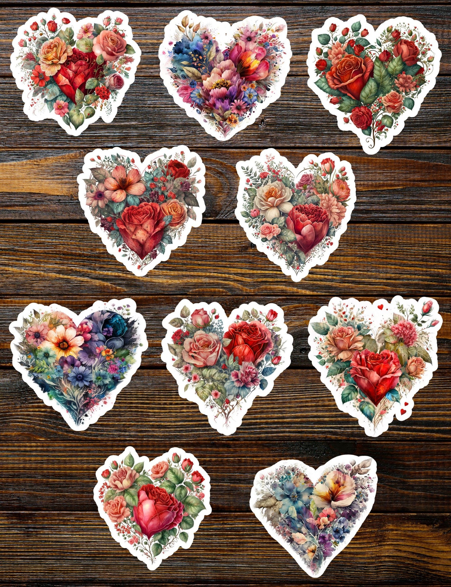 10 pcs Beautiful Vintage Floral Heart Sticker Pack, Handmade cute Vinyl Sticker gift, planner, book, laptop