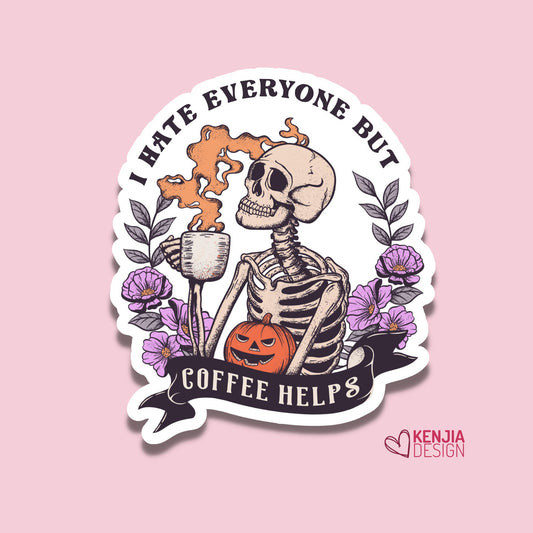 Funny Halloween Skeleton Coffee Stickers  Spooky Skull | Waterproof Sticker for Kindle Planner Laptop Water Bottle Fridge Magnet