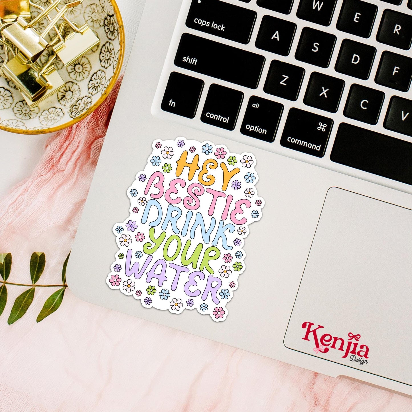 Hey Bestie Drink Your Water Sticker / Cute Motivational Water Bottle Sticker / Pastel Floral Aesthetic / Kindle Stickers / Laptop Decal Gift