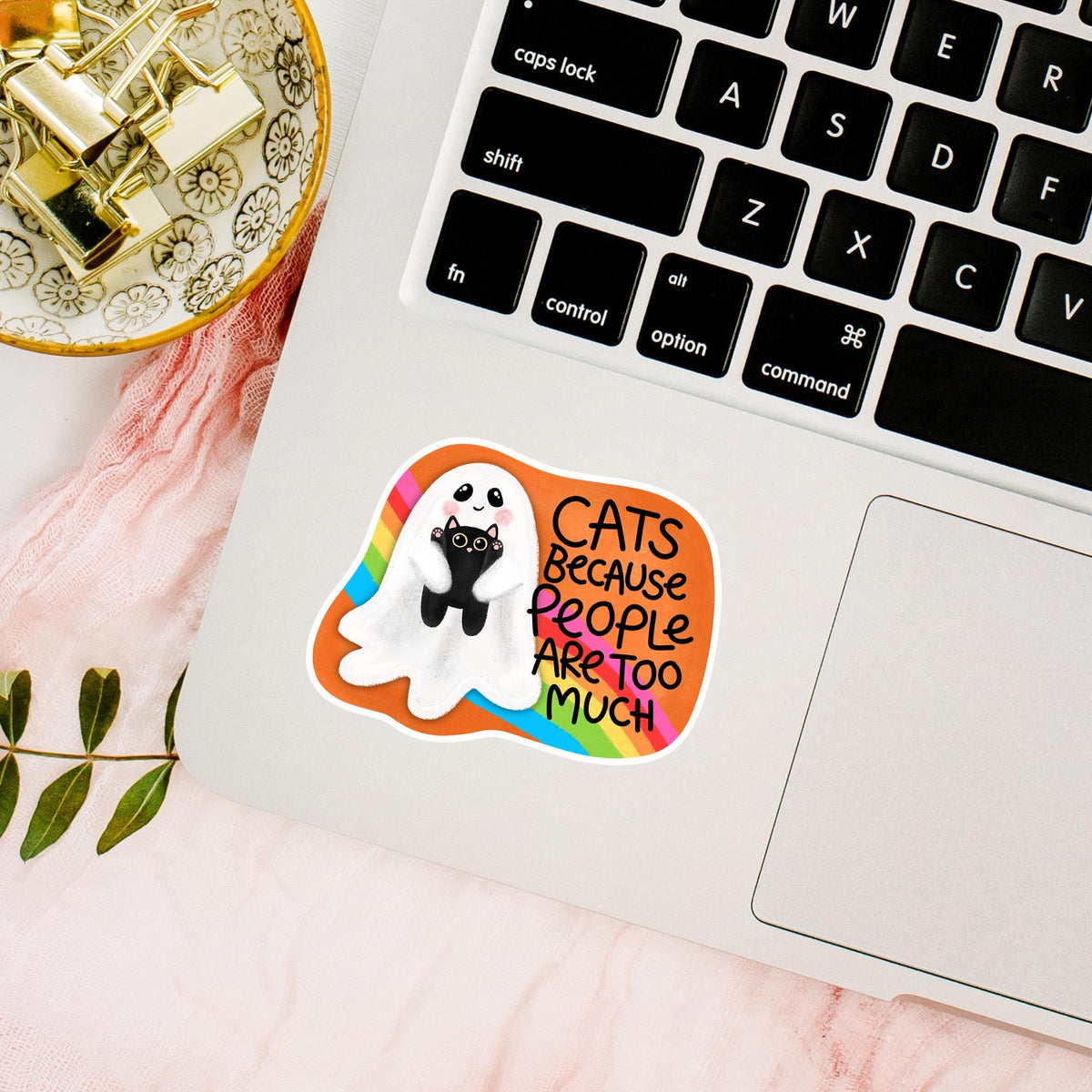 Cats Because People Are Too Much waterproof sticker on a laptop, sarcastic ghost cat decal for cat moms and introverts