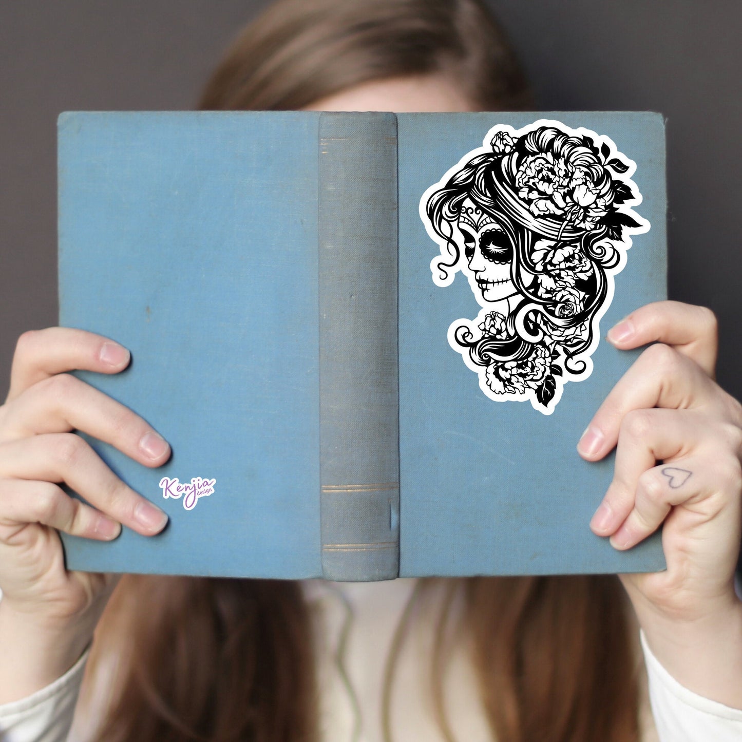 Steampunk Witch Goth Female Sugar Skull with flowers Sticker, Black and White Waterproof Dishwasher Safe Handmade Vinyl Sticker