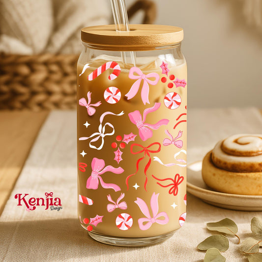 Christmas Coquette Bows 16 OZ Glass Can With Lid & Straw / Holiday Glass / Book Lover Gift / Water Bottle / UV Dtf Libbey Wrap Transfert