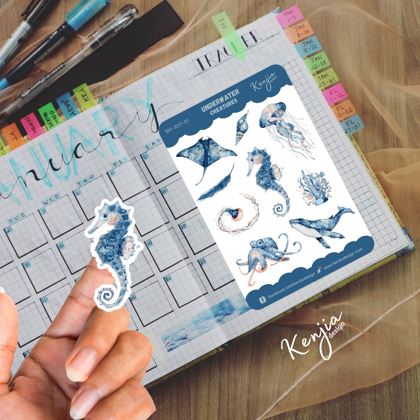 Underwater Creatures Sticker Sheet, Handmade cute Vinyl Sticker for gift, planner, book and laptop stickers (Jellyfish, Seahorse, octopus)