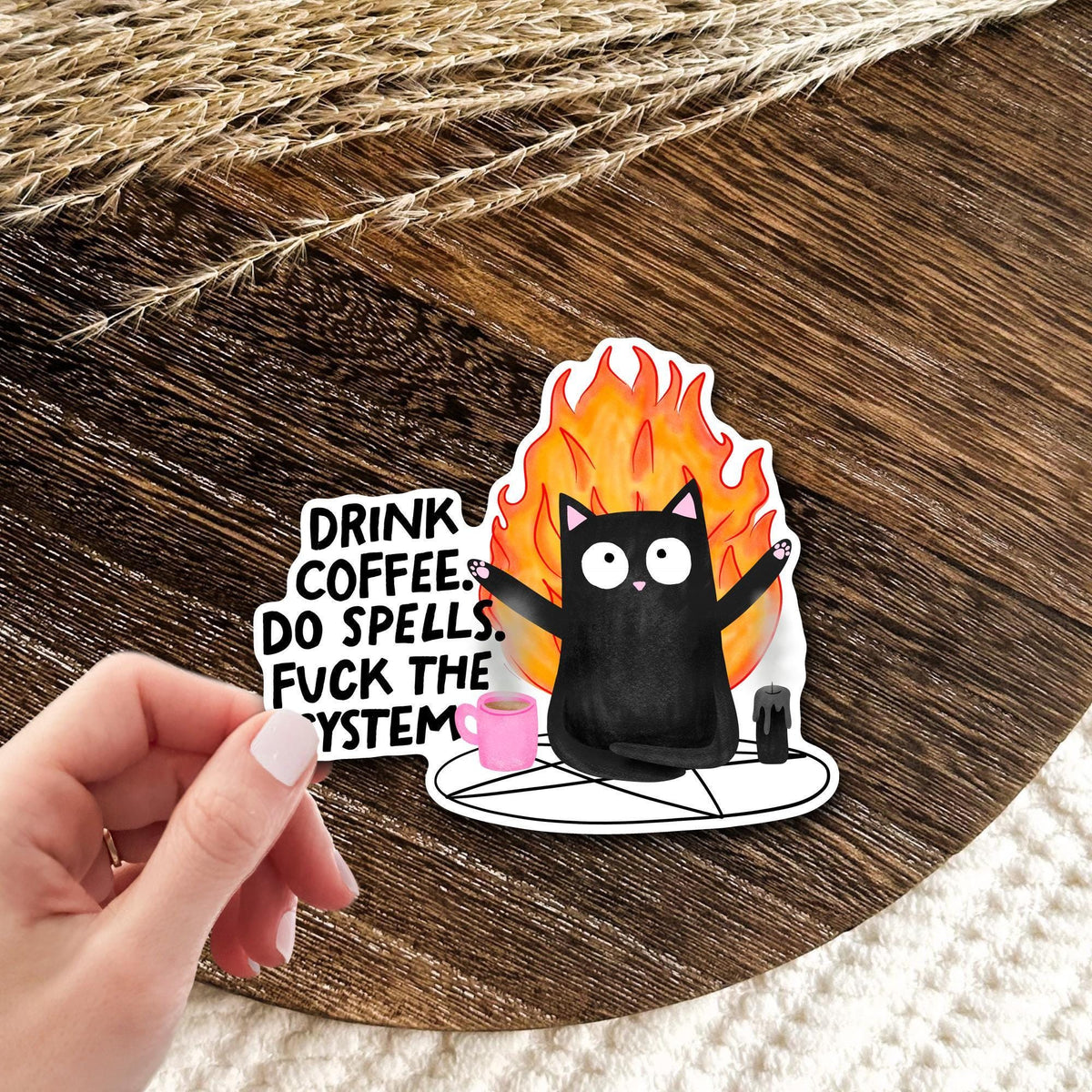 Coffee Spells Black Cat Sticker / Witchy Gift Idea / Cute Occult Decal / Caffeine Lover Present / Spooky Kitty Humor / Dark Magic Vibes