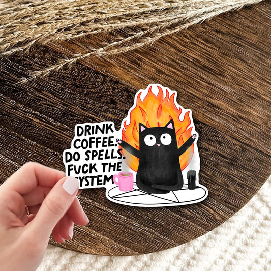 Coffee Spells Black Cat Sticker / Witchy Gift Idea / Cute Occult Decal / Caffeine Lover Present / Spooky Kitty Humor / Dark Magic Vibes