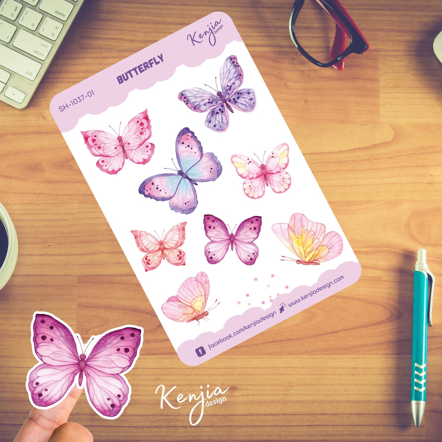 Pink Watercolor Butterfly Stickers Sheet / Sticker Sheet, Handmade cute Vinyl Sticker for gift, planner, book and laptop stickers