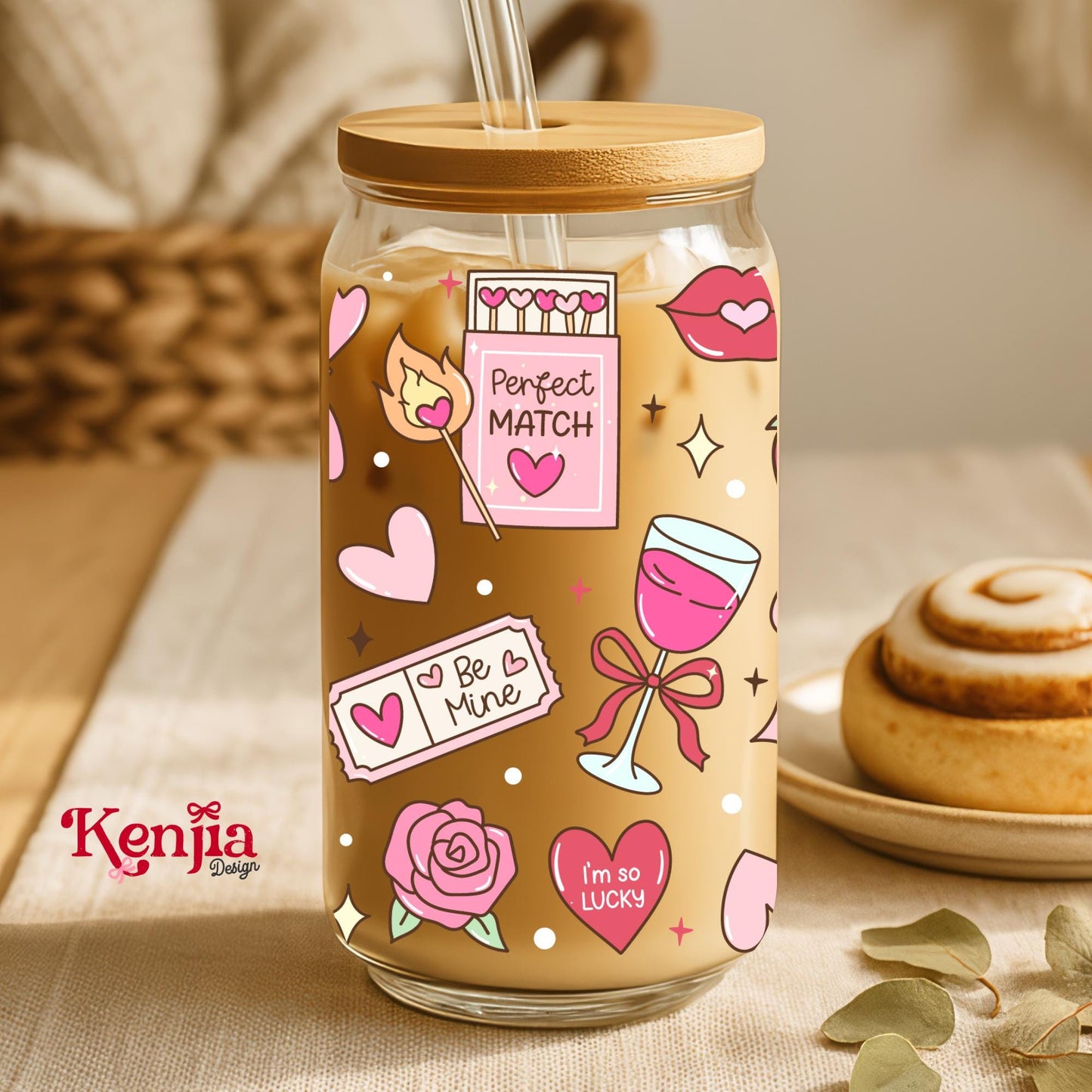 Romantic Day 16 OZ Glass Can With Lid & Straw / Valentine Day / Lover Gift / Be Mine Perfect Match / UV Dtf Libbey Wrap Transfert