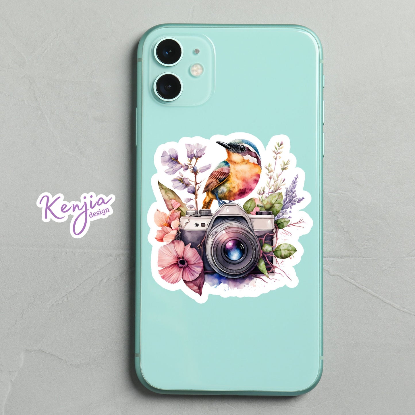 Floral Camera with Bird Watercolor Sticker and Magnet, Waterproof Handmade cute Vinyl Stickers for gift, planner, book and laptop