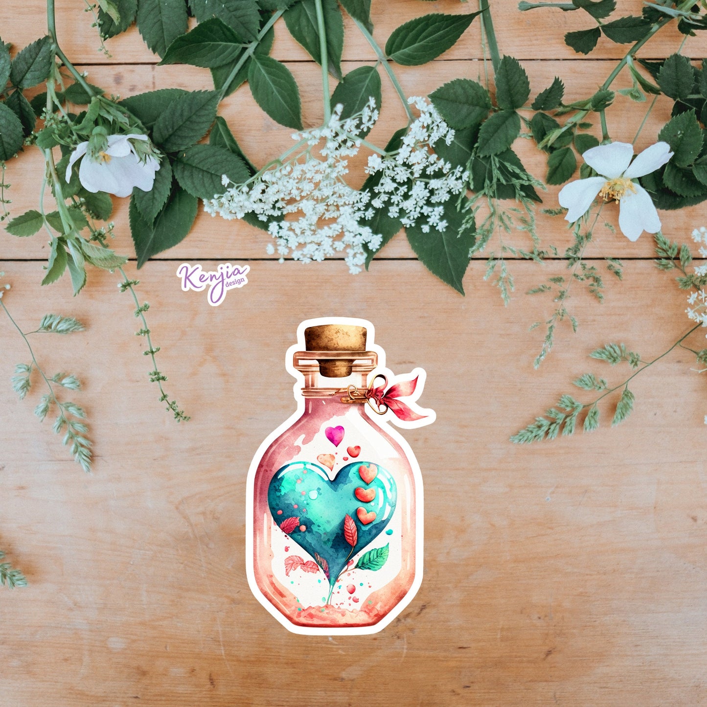 Valentine Day Heart Bottle Sticker with watercolor effect, Handmade Waterproof and Dishwasher Safe Vinyl Sticker for gift, planner, laptop