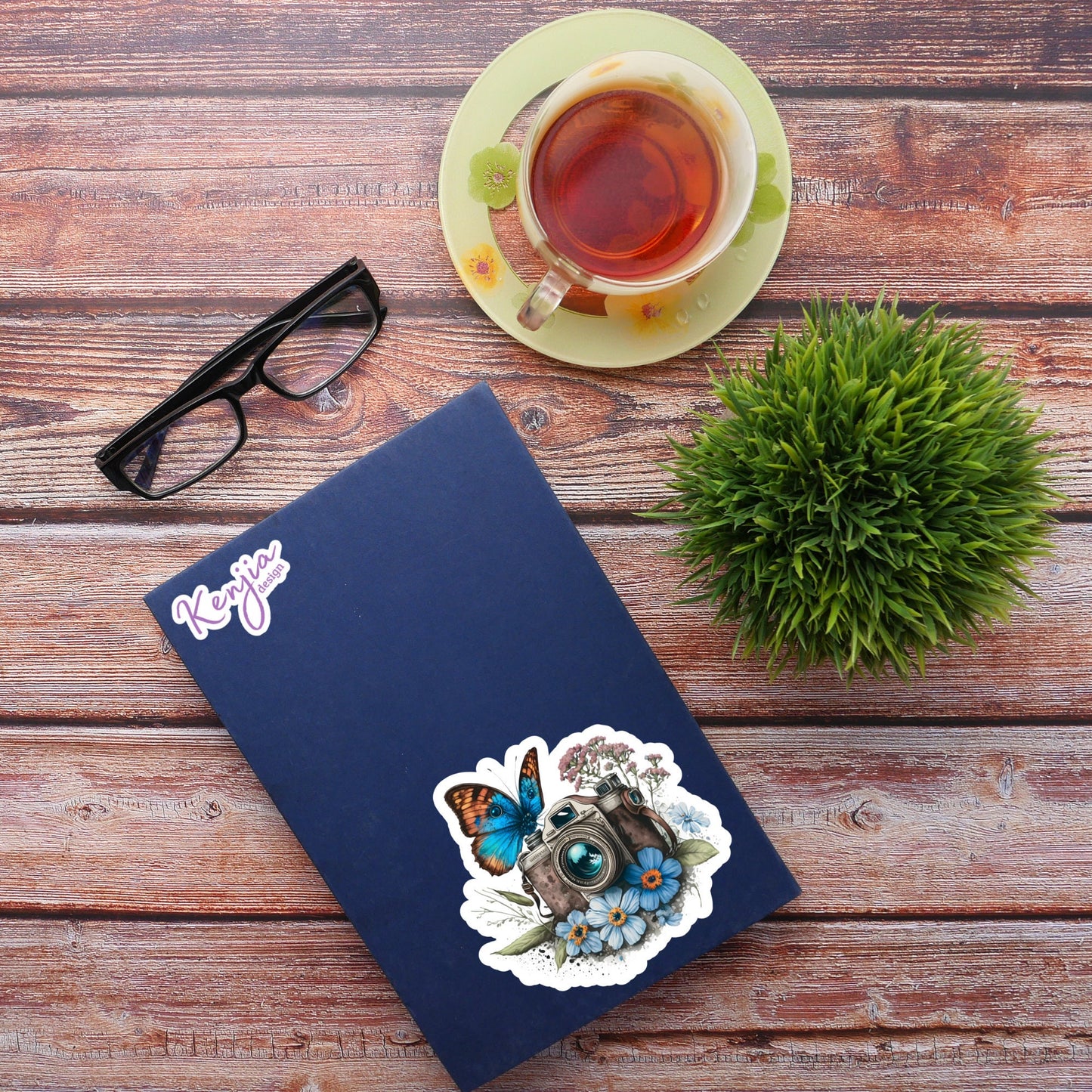 Floral Camera with Butterfly Watercolor Sticker and Magnet, Waterproof Handmade cute Vinyl Stickers for gift, planner, book, laptop