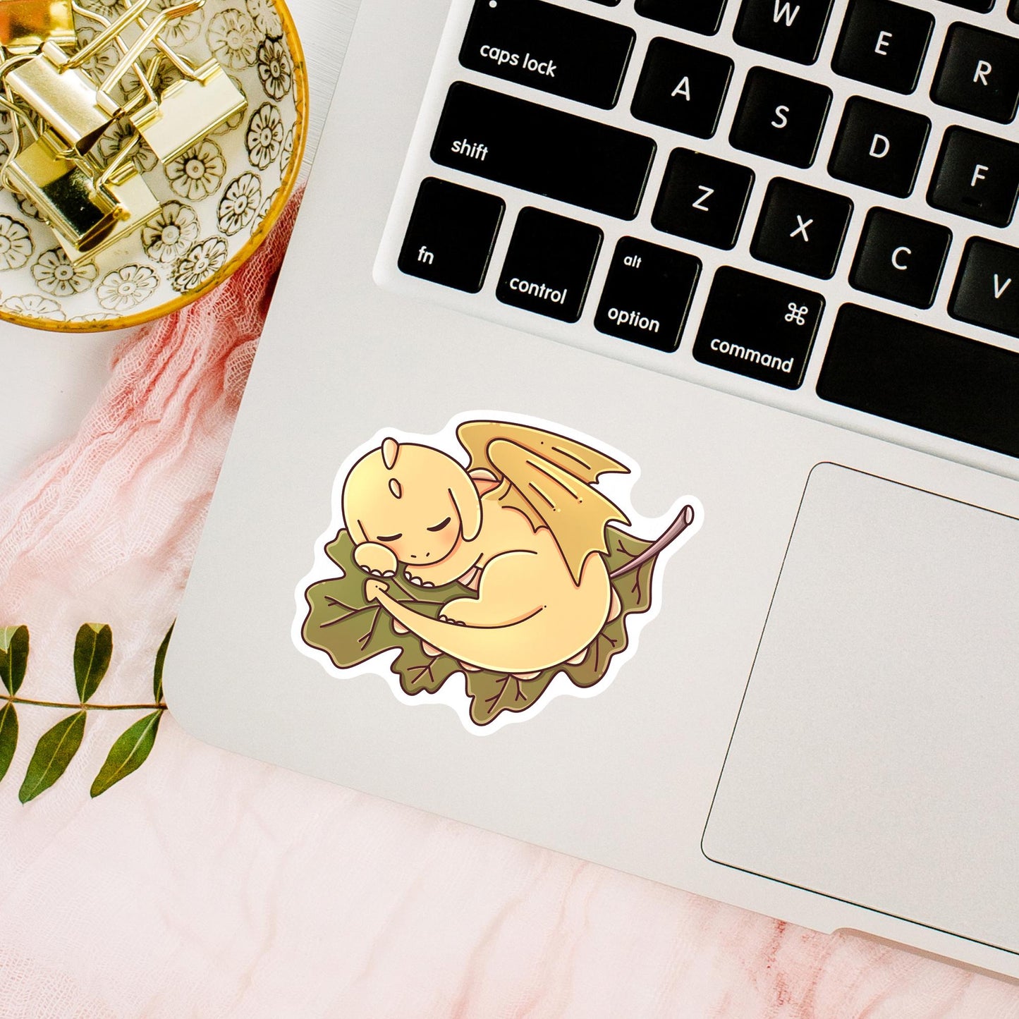 Cozy autumn yellow dragon sticker on a tumbler, bookish fall holographic glitter matte die-cut sticker for gifting