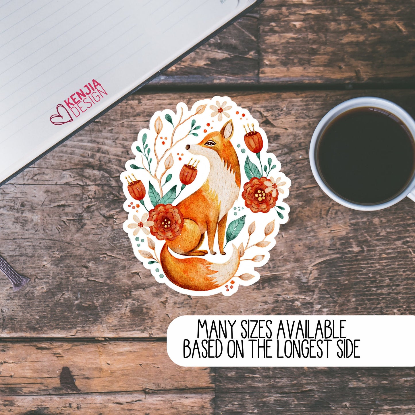 Cute Fox Stickers  with Flowers | Waterproof Sticker, Watercolor Planner Laptop Water Bottle Bumper Sticker and Fridge Magnets