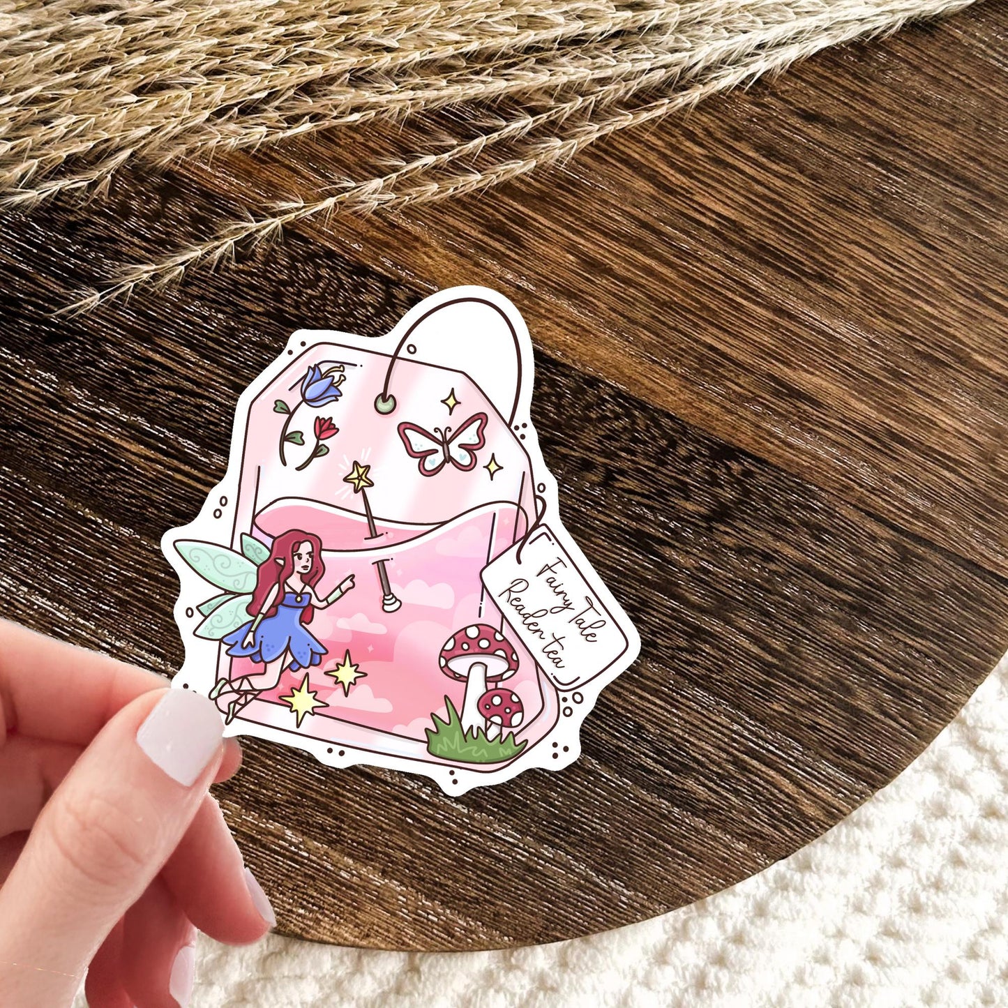 Pink Fairy Tale Readers Tea vinyl die-cut sticker, cute magical waterproof sticker for fantasy book lovers and tea fans