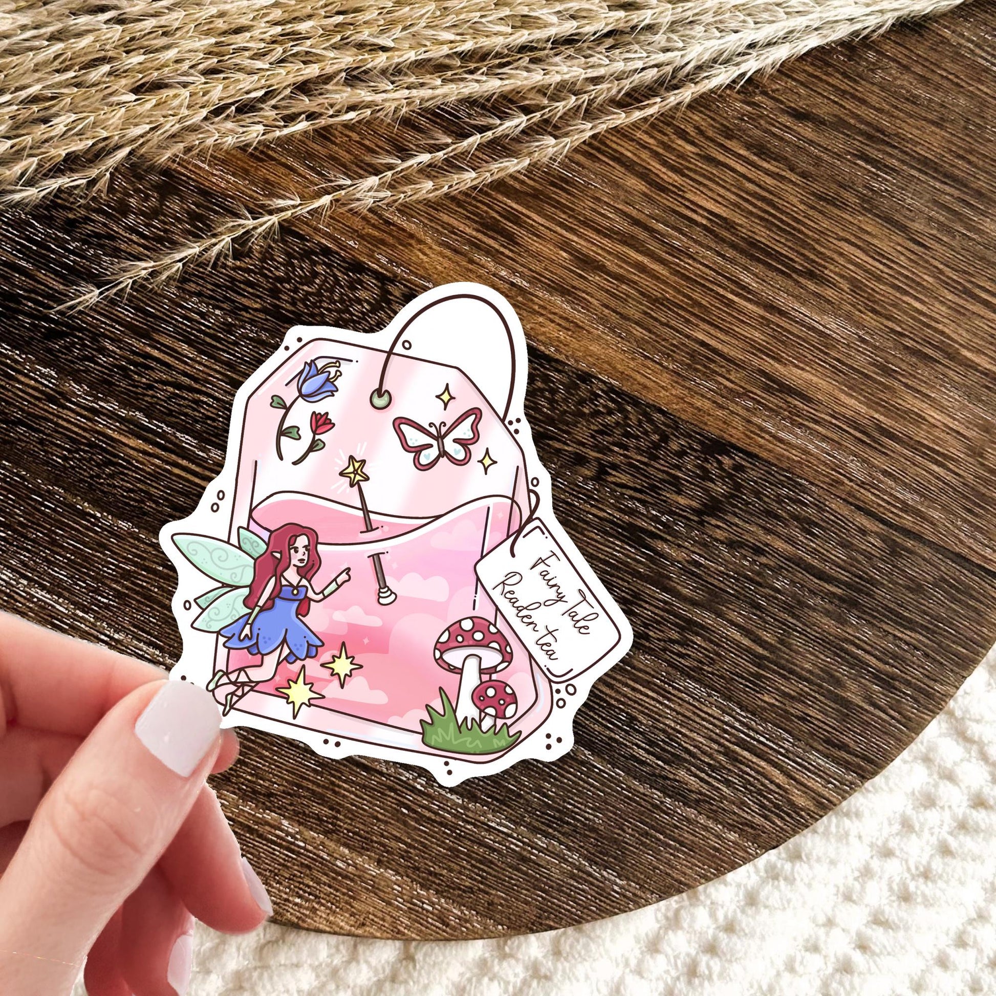 Pink Fairy Tale Readers Tea vinyl die-cut sticker, cute magical waterproof sticker for fantasy book lovers and tea fans