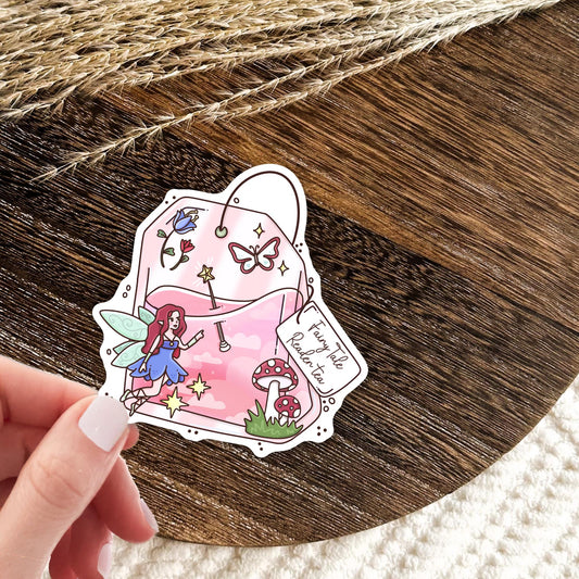 Pink Fairy Tale Readers Tea vinyl die-cut sticker, cute magical waterproof sticker for fantasy book lovers and tea fans