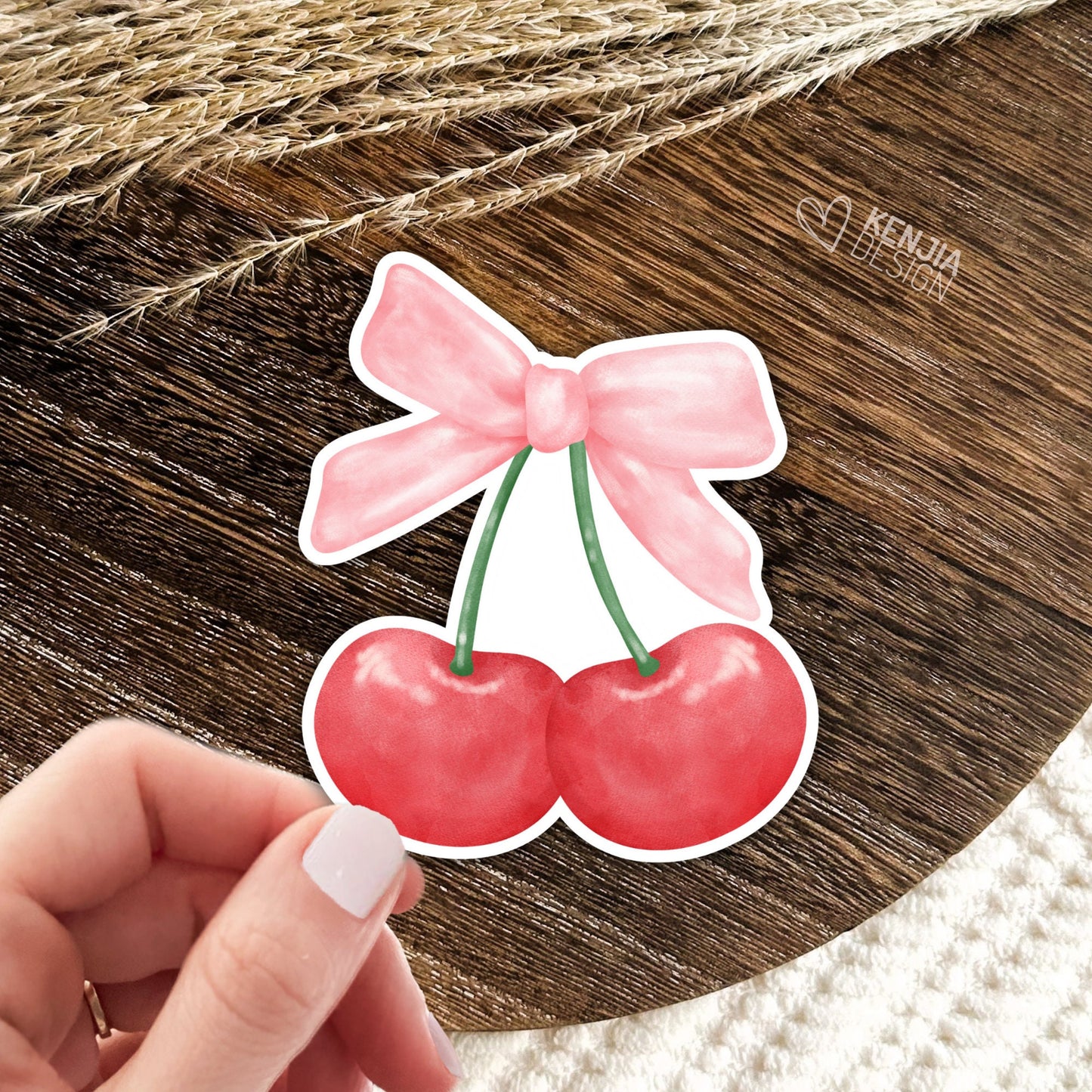 Cherry With Pink Bow Stickers  / Soft Girl Era / Aesthetic Cherries / Choquette Ribbon / Water Bottle, Laptop and Kindle Stickers